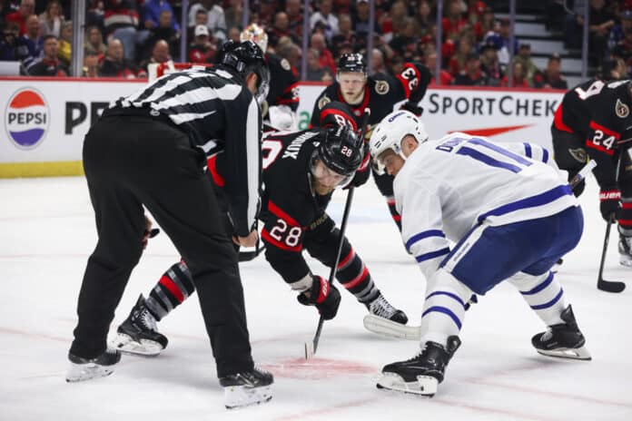 NHL: APR 24 Stanley Cup Playoffs First Round Maple Leafs at Senators Claude Giroux Ottawa Senators face-off Toronto Maple Leafs 2025 Stanley Cup Playoffs