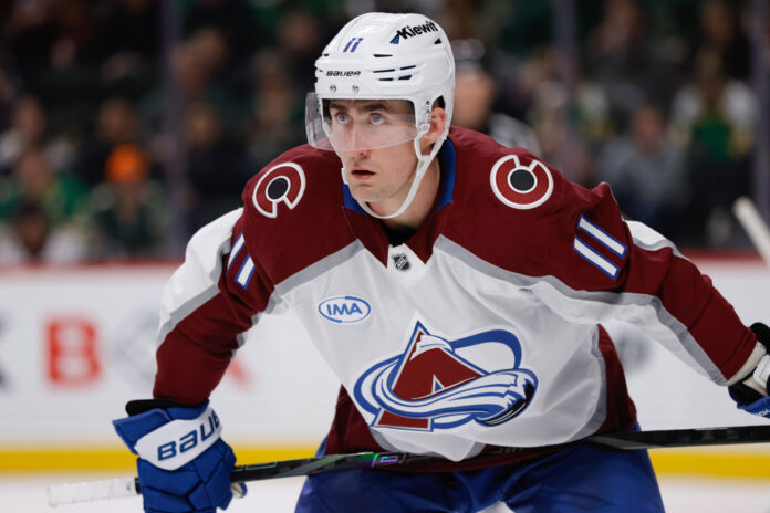 NHL: MAR 11 Avalanche at Wild Colorado Avalanche center Brock Nelson lines up for a face-off