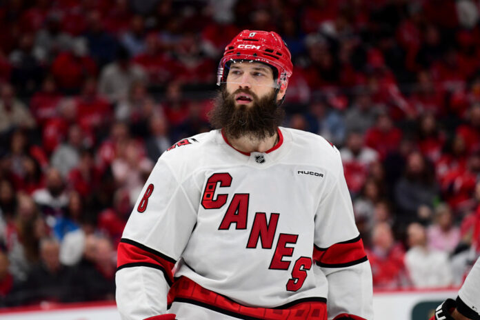 NHL: MAY 06 Stanley Cup Playoffs 2nd Round Hurricanes at Capitals Carolina defenseman Brent Burns waits for a face-off