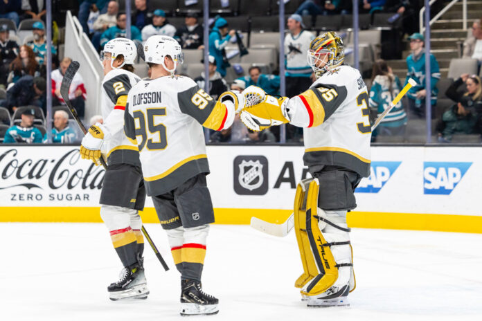 SAN JOSE, CA - JANUARY 07: Vegas Golden Knights right wing Victor Olofsson (95) bumps gloves with Vegas Golden Knights goaltender Ilya Samsonov (35) after a win against the San Jose Sharks in a NHL game on January 7, 2025 at SAP Center at San Jose in San Jose, CA. SAN JOSE, CA - JANUARY 07: Vegas Golden Knights right wing Victor Olofsson (95) bumps gloves with Vegas Golden Knights goaltender Ilya Samsonov (35) after a win against the San Jose Sharks in a NHL game on January 7, 2025 at SAP Center at San Jose in San Jose, CA.