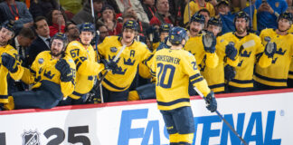 Predicting Team Sweden’s Roster for 2026 Olympics MONTREAL, QC - FEBRUARY 12: Joel Eriksson Ek (20) of Team Sweden celebrates with teammates after scoring a goal during the third period of the 4 Nations Face-Off game between Canada and Sweden on February 12, 2025, at Bell Centre in Montreal, Quebec