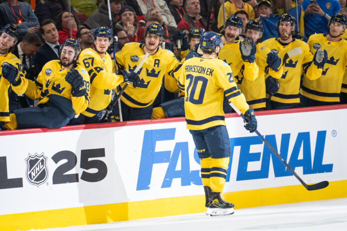 MONTREAL, QC - FEBRUARY 12: Joel Eriksson Ek (20) of Team Sweden celebrates with teammates after scoring a goal during the third period of the 4 Nations Face-Off game between Canada and Sweden on February 12, 2025, at Bell Centre in Montreal, Quebec MONTREAL, QC - FEBRUARY 12: Joel Eriksson Ek (20) of Team Sweden celebrates with teammates after scoring a goal during the third period of the 4 Nations Face-Off game between Canada and Sweden on February 12, 2025, at Bell Centre in Montreal, Quebec