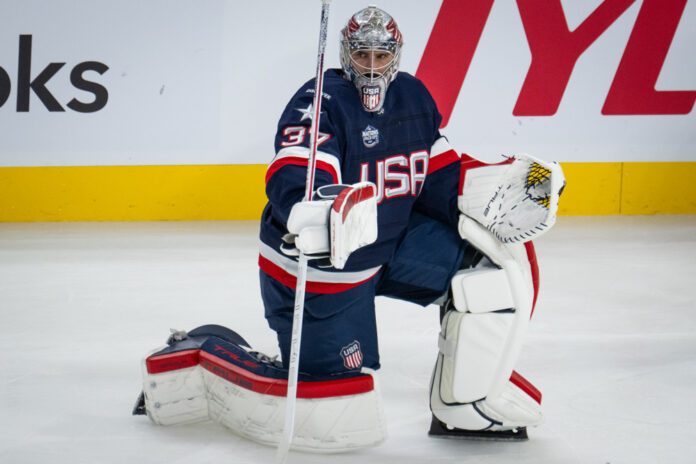 MONTREAL, QC - FEBRUARY 13: Connor Hellebuyck (37) of Team USA during the warmup period of the 4 Nations Face-Off game between United States and Finland on February 13, 2025, at Bell Centre in Montreal, Quebec MONTREAL, QC - FEBRUARY 13: Connor Hellebuyck (37) of Team USA during the warmup period of the 4 Nations Face-Off game between United States and Finland on February 13, 2025, at Bell Centre in Montreal, Quebec