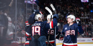 Predicting Team USA’s Roster for 2026 Olympics MONTREAL, QC - FEBRUARY 13: Brady Tkachuk (7) of Team USA celebrates with teammates after scoring a goal during the third period of the 4 Nations Face-Off game between United States and Finland on February 13, 2025, at Bell Centre in Montreal, Quebec
