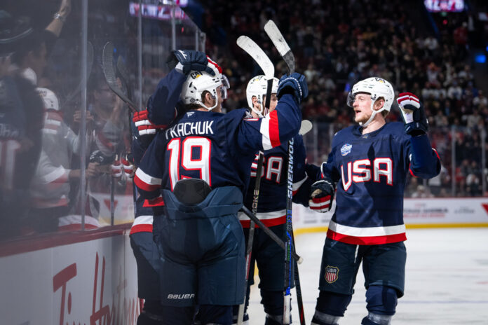 MONTREAL, QC - FEBRUARY 13: Brady Tkachuk (7) of Team USA celebrates with teammates after scoring a goal during the third period of the 4 Nations Face-Off game between United States and Finland on February 13, 2025, at Bell Centre in Montreal, Quebec MONTREAL, QC - FEBRUARY 13: Brady Tkachuk (7) of Team USA celebrates with teammates after scoring a goal during the third period of the 4 Nations Face-Off game between United States and Finland on February 13, 2025, at Bell Centre in Montreal, Quebec