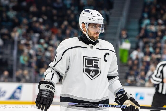 Anze Kopitar retires Anze Kopitar of the Los Angeles Kings looks on