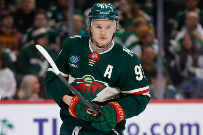 NHL: APR 24 Stanley Cup Playoffs First Round Golden Knights at Wild Minnesota Wild left wing Kirill Kaprizov looks on