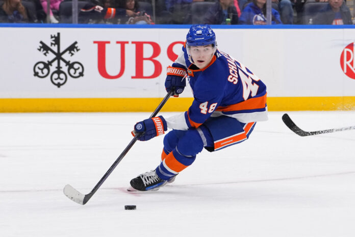 NHL: SEP 26 Preseason Devils at Islanders Matthew Schaefer Islanders defenseman skates with the puck NHL Network top 50 ranking