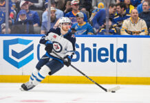 Winnipeg Jets left wing Kyle Connor turns with the puck during a Stanley Cup Playoffs game