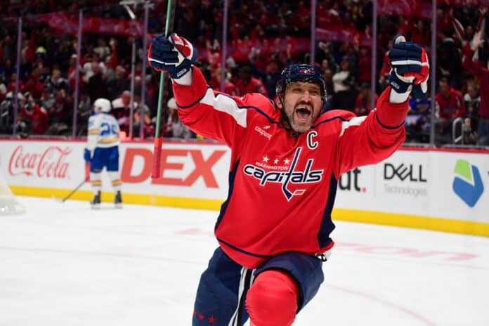 NHL: NOV 05 Blues at Capitals Capitals left wing Alexander Alex Ovechkin celebrates scoring historic goal