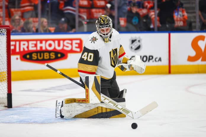 NHL: MAY 10 Stanley Cup Playoffs 2nd Round Golden Knights at Oilers Las Vegas Golden Knights Goalie Akira Schmid makes a save