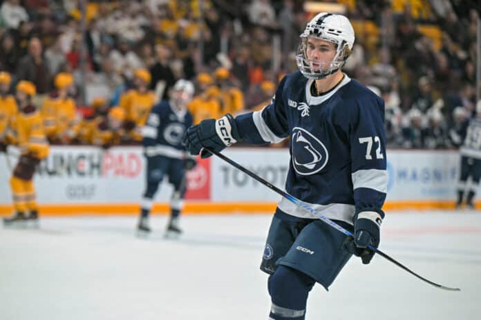 COLLEGE HOCKEY: NOV 22 Penn State at Minnesota Penn State Nittany Lions forward Gavin McKenna on his way to lining up for a face-off