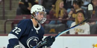 McKenna on Leafs: ‘Biggest Hockey Market in the World’ Penn State Nittany Lions forward Gavin McKenna takes a shot during a college hockey game against Minnesota Golden Gophers