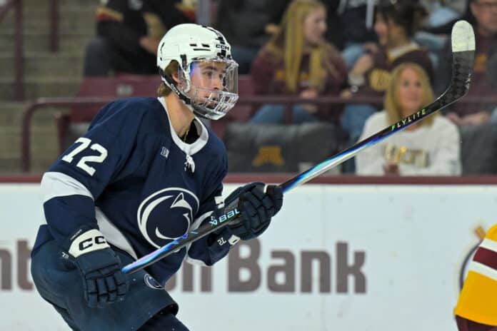 COLLEGE HOCKEY: NOV 22 Penn State at Minnesota Penn State Nittany Lions forward Gavin McKenna takes a shot during a college hockey game against Minnesota Golden Gophers