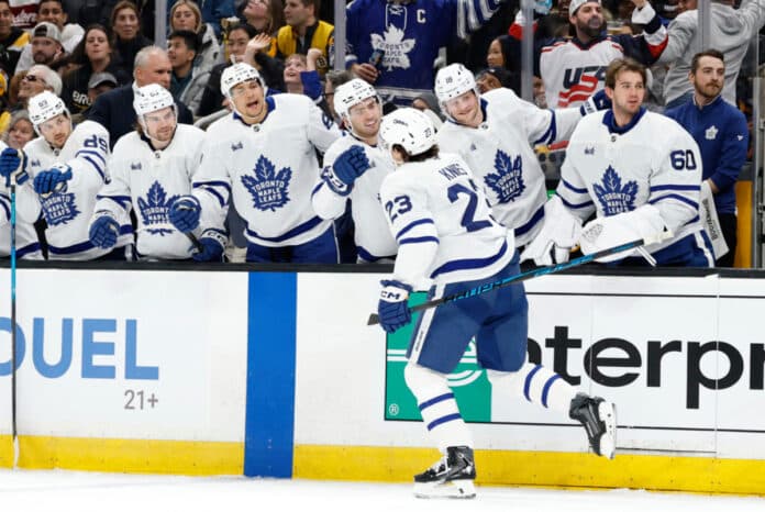 482260324031_tor_at_bos(1) Matthew Knies Toronto Maple Leafs skates by the bench after scoring at TD Garden Boston Bruins