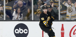 Morgan Geekie 39 Boston Bruins reacts opening scoring Lightning TD Garden April 2026