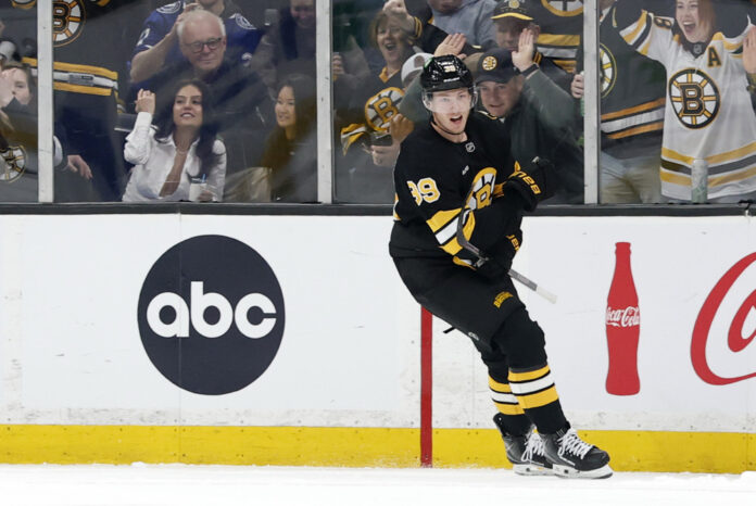 NHL: APR 11 Lightning at Bruins Morgan Geekie 39 Boston Bruins reacts opening scoring Lightning TD Garden April 2026
