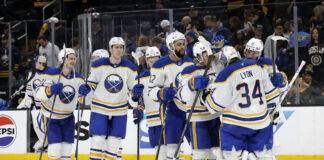 Alex Lyon: ‘I’m Kind of Like an Amorphous Blob’ Buffalo Sabres goalie Alex Lyon celebrates with teammates after Game 3 win over Boston Bruins at TD Garden