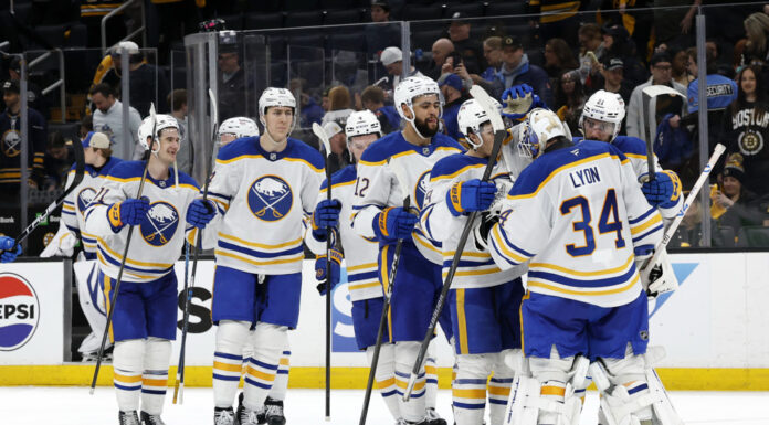 Sabres Injury Update: Lyon, Kulich Hurt in Loss to Wings Buffalo Sabres goalie Alex Lyon celebrates with teammates after Game 3 win over Boston Bruins at TD Garden