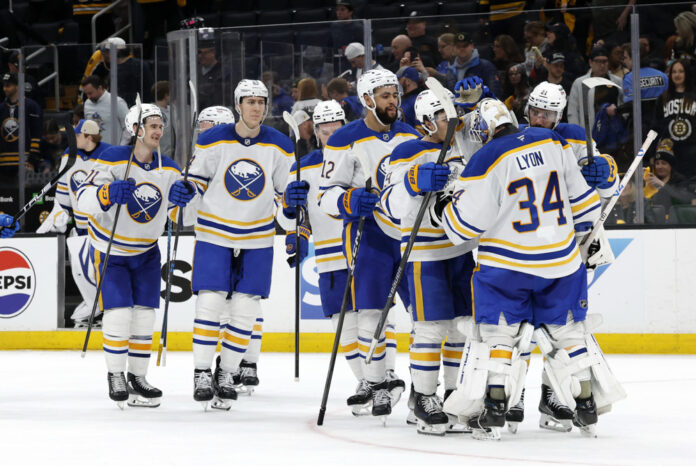 Alex Lyon celebrates with Sabres teammates after Game 3 win over Bruins Buffalo Sabres goalie Alex Lyon celebrates with teammates after Game 3 win over Boston Bruins at TD Garden