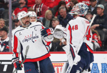 Ovechkin Injury Update: Out for Rest of Preseason Alex Ovechkin high-fives goaltender Logan Thompson during a Capitals game at Prudential Center