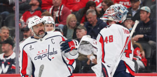 Ovechkin’s Potential Final Home Game Set by Caps Schedule Alex Ovechkin high-fives goaltender Logan Thompson during a Capitals game at Prudential Center