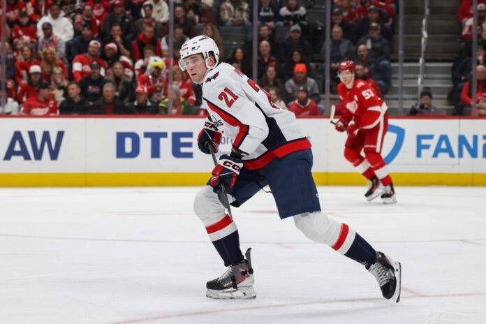 NHL: JAN 29 Capitals at Red Wings Aliaksei Protas of the Washington Capitals skates during a game at Little Caesars Arena