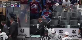 Avalanche Fans Shatter Glass Behind Kings Bench in Game 2 The shattered glass panel behind the Los Angeles Kings bench at Ball Arena
