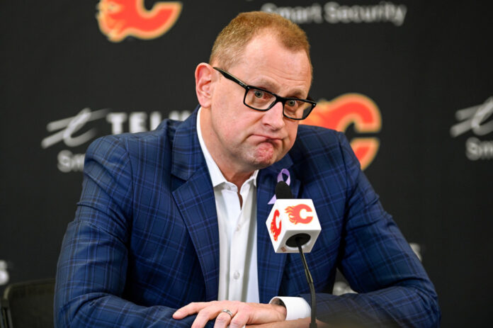 NHL: MAR 16 Devils at Flames Brad Treliving speaks to reporters at an NHL general manager press conference