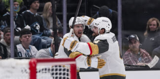 Brett Howden Vegas Golden Knights celebrates third period goal with Rasmus Andersson Game 4 NHL Stanley Cup Playoffs First Round Delta Center