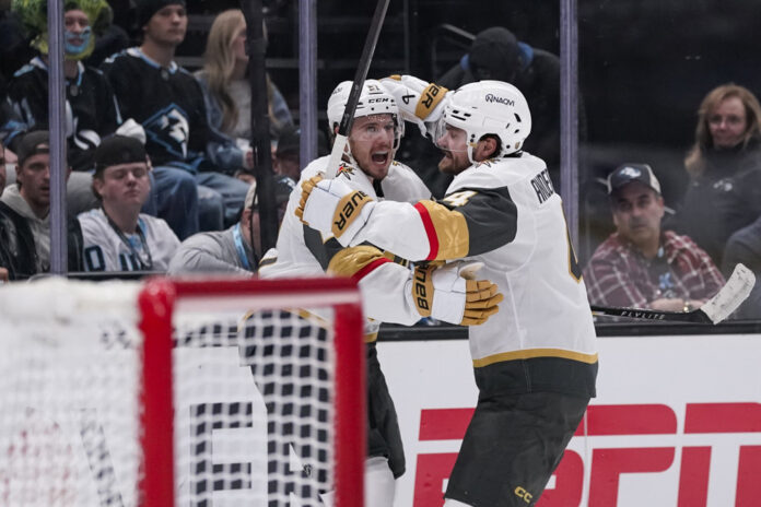 Brett Howden Celebrates Goal With Rasmus Andersson Vegas Golden Knights Game 4 Brett Howden Vegas Golden Knights celebrates third period goal with Rasmus Andersson Game 4 NHL Stanley Cup Playoffs First Round Delta Center