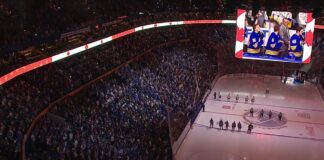 Buffalo Sabres Fans Sing O Canada After Singer’s Mic Cuts Out KeyBank Center crowd sings O Canada with Canadian flag display lit up before Game 5 of Sabres vs Bruins