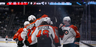 The Philadelphia Flyers celebrate a first period goal scored by Cam York during an NHL game vs the Utah Mammoth at Delta Center in Salt Lake City