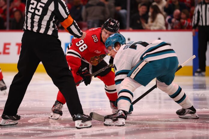 celebrini_bedard_faceoff_2026 Macklin Celebrini and Connor Bedard face off at center ice