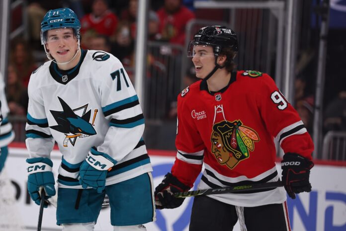 celebrini_bedard_laughing_2026 Macklin Celebrini and Connor Bedard share a laugh during the game