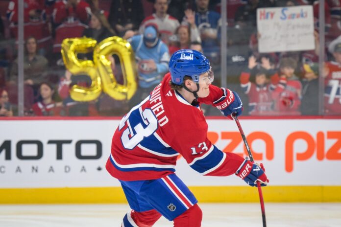 cole-caufield-canadiens-50-goals Cole Caufield of the Montreal Canadiens celebrates during a game