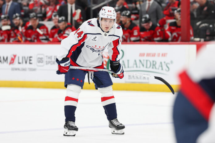 NHL: APR 02 Capitals at Devils Cole Hutson of the Washington Capitals looks on during a game against the Devils