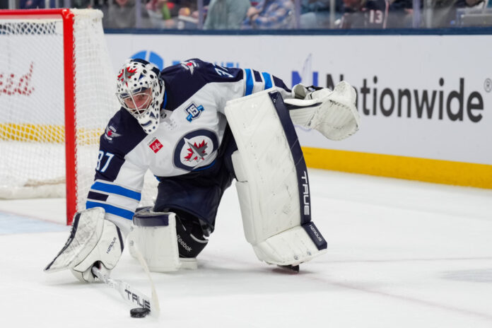 NHL: APR 04 Jets at Blue Jackets Connor Hellebuyck Winnipeg Jets goalie in net, trade target for Buffalo Sabres
