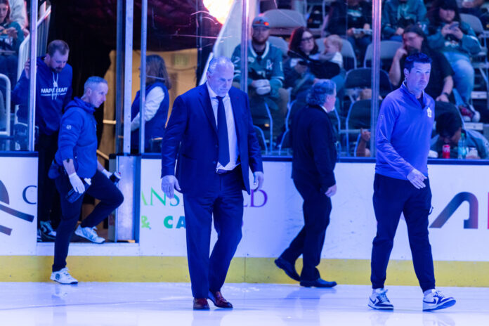 NHL: APR 02 Maple Leafs at Sharks Craig Berube walks to the bench as head coach of the Toronto Maple Leafs