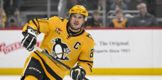Crosby on Ovechkin at 41: ‘His Shot Is Not Going Anywhere’ Sidney Crosby turns up ice during the first period against the Panthers at PPG Paints Arena