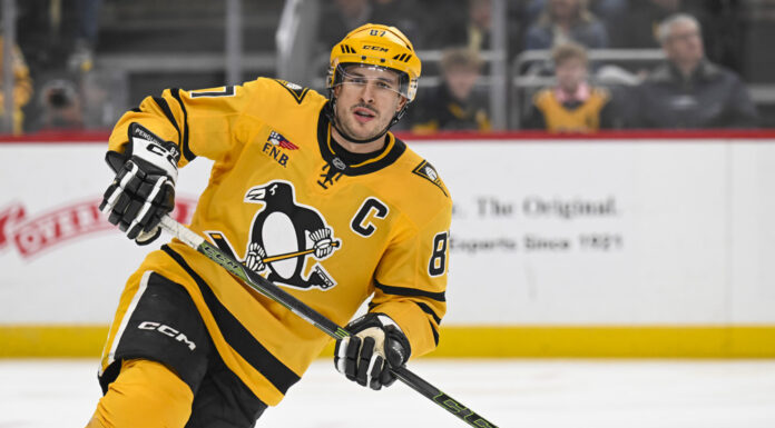 Crosby on Ovechkin at 41: ‘His Shot Is Not Going Anywhere’ Sidney Crosby turns up ice during the first period against the Panthers at PPG Paints Arena