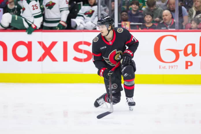 Ridly Greig Ottawa Senators 2026 Ridly Greig of the Ottawa Senators skates against the Minnesota Wild on April 4, 2026 at Canadian Tire Centre