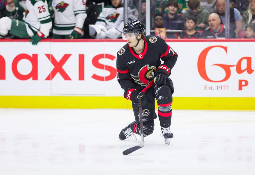 Ridly Greig of the Ottawa Senators skates against the Minnesota Wild on April 4, 2026 at Canadian Tire Centre