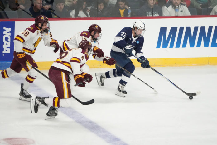 NCAA HOCKEY: MAR 27 Men's Regional Penn State vs Minnesota Duluth Penn State forward Gavin McKenna skates with the puck during the 2026 NCAA Men's Hockey Regional Tournament
