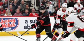 Ehlers OT Winner Ties ECF: ‘I’m Shaking a Little Bit’ Left Wing Nikolaj Ehlers (27) of the Carolina Hurricanes shoots the puck during Game 2 of the NHL Stanley Cup Playoffs First Round between the Ottawa Senators and the Carolina Hurricanes on April 20, 2026