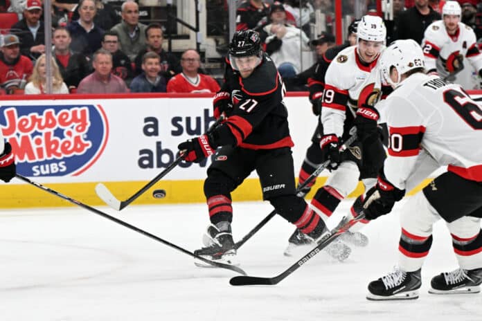 NHL: APR 20 Playoffs First Round Senators at Hurricanes Left Wing Nikolaj Ehlers (27) of the Carolina Hurricanes shoots the puck during Game 2 of the NHL Stanley Cup Playoffs First Round between the Ottawa Senators and the Carolina Hurricanes on April 20, 2026