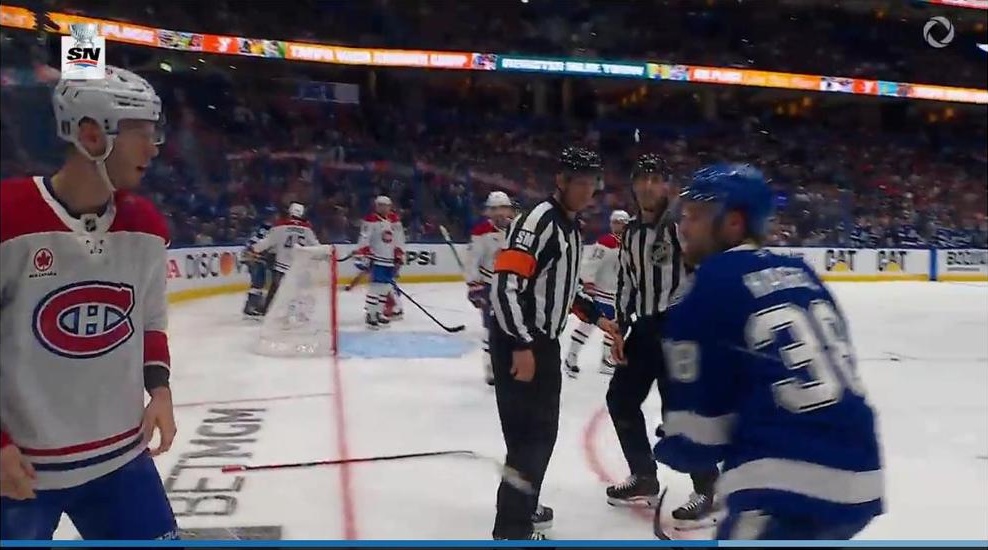 Brandon Hagel and Juraj Slafkovsky after their Game 2 fight in the Lightning vs Canadiens series