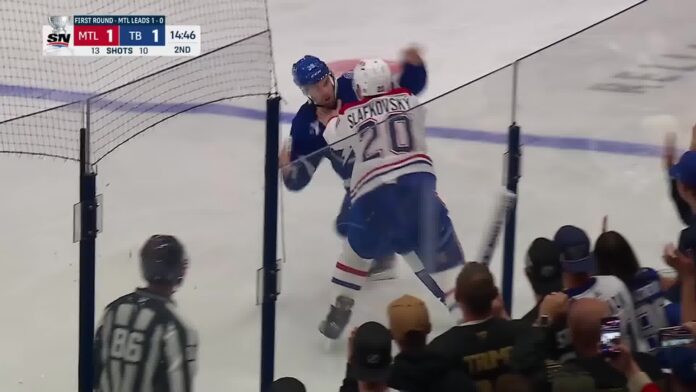hagel_slafkovsky_fight_punch Brandon Hagel and Juraj Slafkovsky fight during Game 2 of the Lightning vs Canadiens series