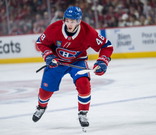 Montreal Canadiens defenseman Lane Hutson skates during Game 3 of the NHL Stanley Cup Playoffs First Round against the Tampa Bay Lightning at Bell Centre in Montreal