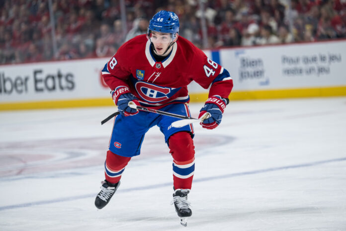 Lane Hutson Canadiens Game 3 vs Lightning 2026 Playoffs Montreal Canadiens defenseman Lane Hutson skates during Game 3 of the NHL Stanley Cup Playoffs First Round against the Tampa Bay Lightning at Bell Centre in Montreal